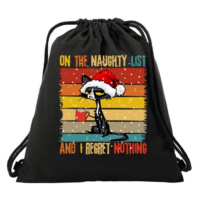 Cat On The List Of Naughty And I Regret Nothing Christmas Drawstring Bag