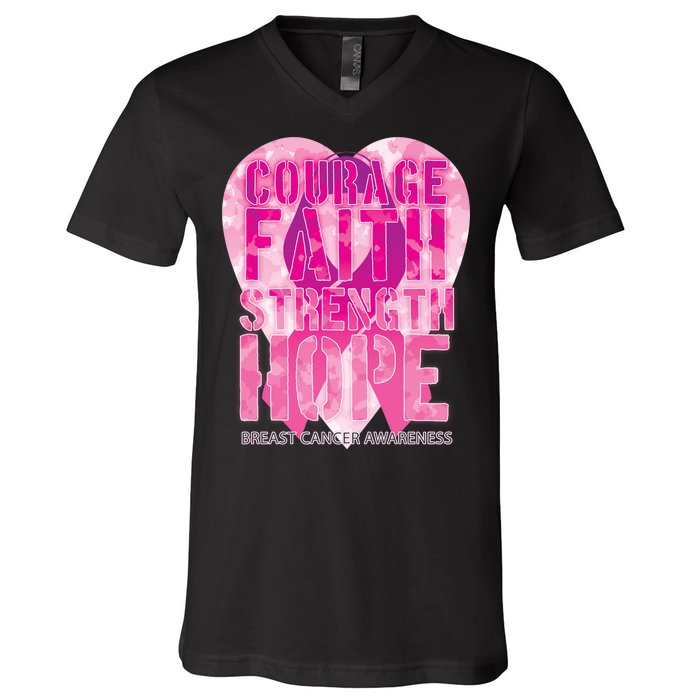 Courage Faith Strength Hope Breast Cancer Awareness V-Neck T-Shirt