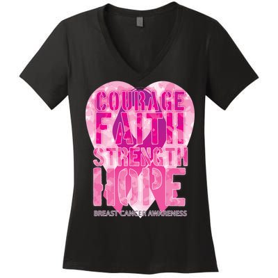 Courage Faith Strength Hope Breast Cancer Awareness Women's V-Neck T-Shirt