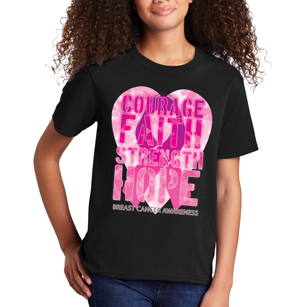 Courage Faith Strength Hope Breast Cancer Awareness Kids T-Shirt