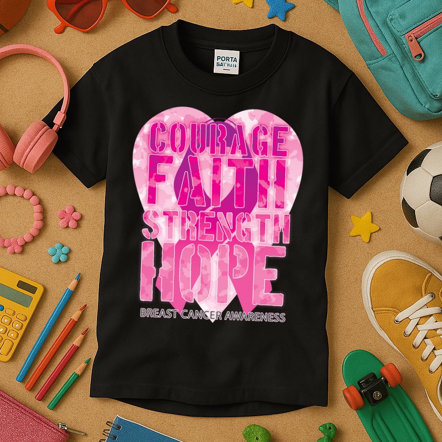 Courage Faith Strength Hope Breast Cancer Awareness Kids T-Shirt
