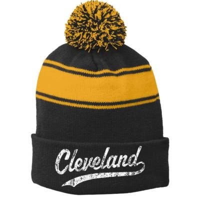 Cleveland OH Vintage Baseball Sports Script Stripe Pom Pom Beanie