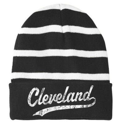 Cleveland OH Vintage Baseball Sports Script Striped Beanie with Solid Band