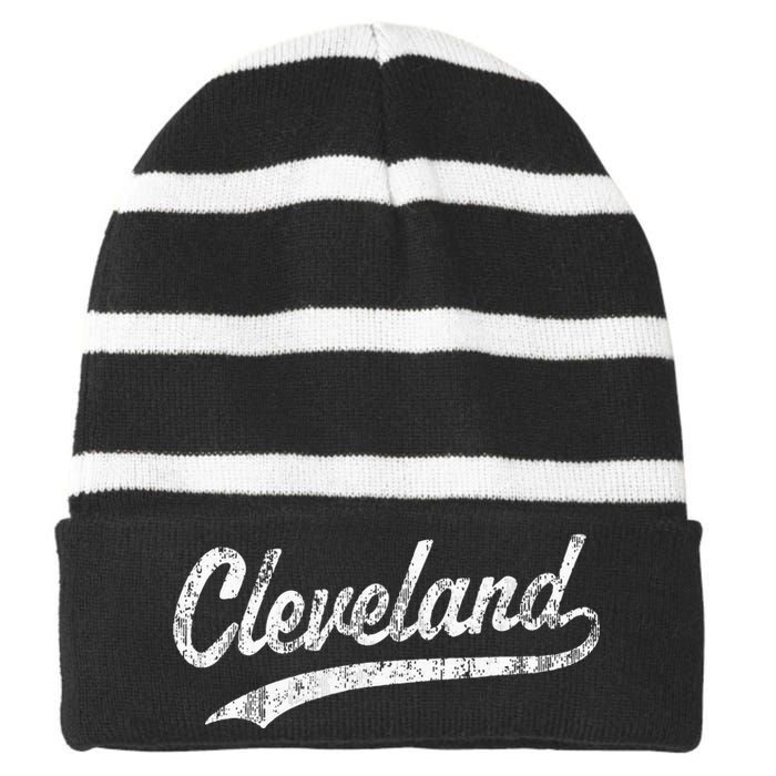 Cleveland OH Vintage Baseball Sports Script Striped Beanie with Solid Band