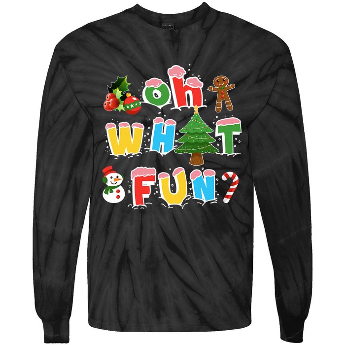 Christmas Oh What Fun Tree Xmas Pajama Holiday Party Gifts Tie-Dye Long Sleeve Shirt