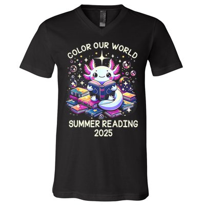 Color Our World Summer Reading Program 2025 Cute Axolotl V-Neck T-Shirt