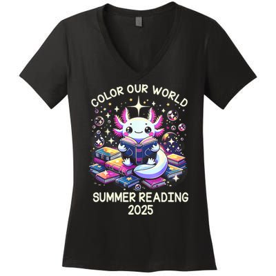 Color Our World Summer Reading Program 2025 Cute Axolotl Women's V-Neck T-Shirt