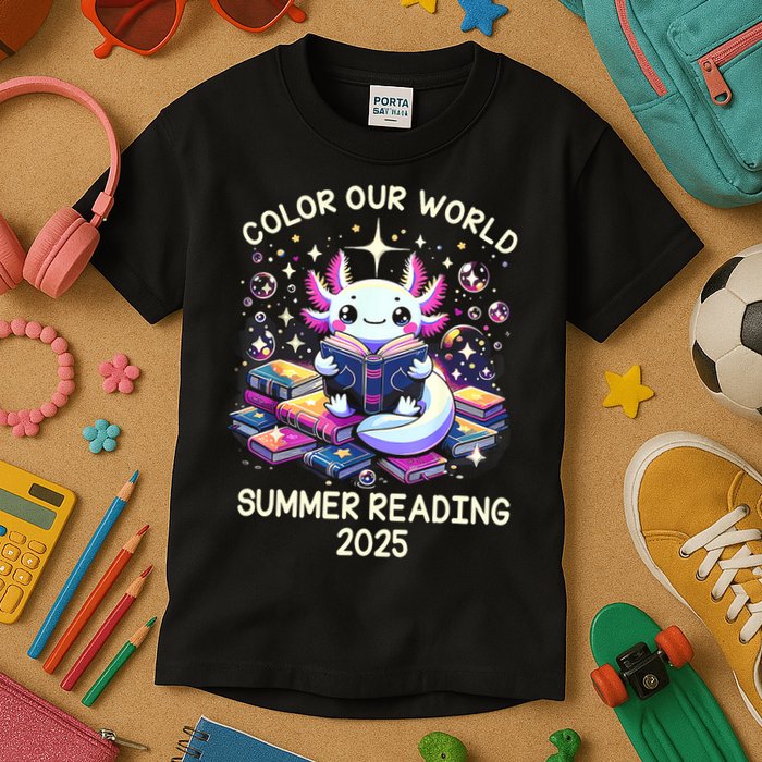 Color Our World Summer Reading Program 2025 Cute Axolotl Kids T-Shirt