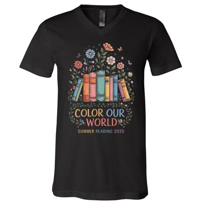 Color Our World Summer Reading 2025 Book Wildflowers Funny V-Neck T-Shirt