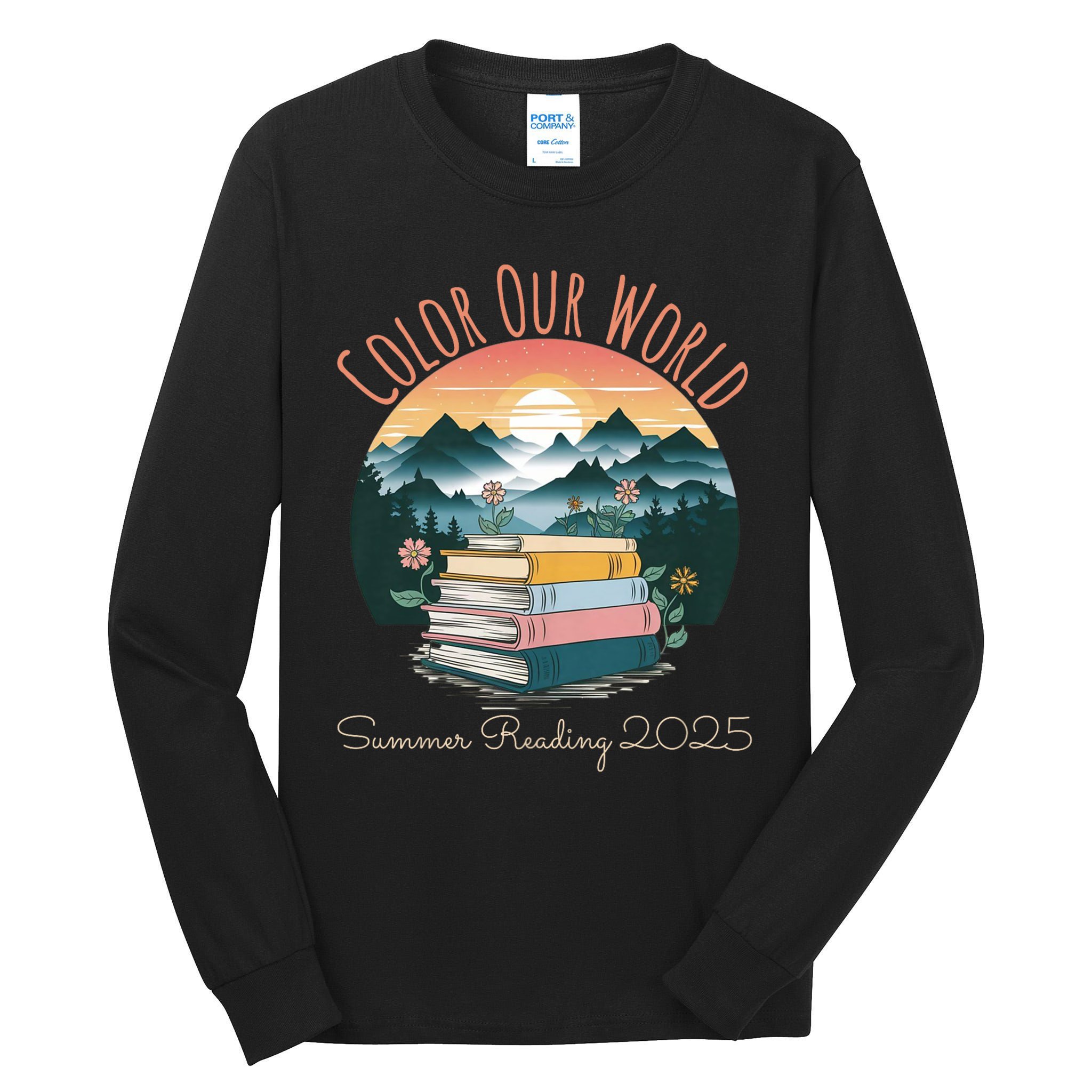 Color Our World Summer Reading 2025 Cute Book Wildflowers Tall Long Sleeve T-Shirt