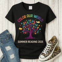 Color Our World Summer Reading Program 2025 Books Tree Gift Womens T-Shirt