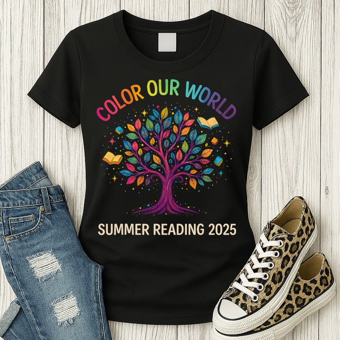 Color Our World Summer Reading Program 2025 Books Tree Gift Womens T-Shirt