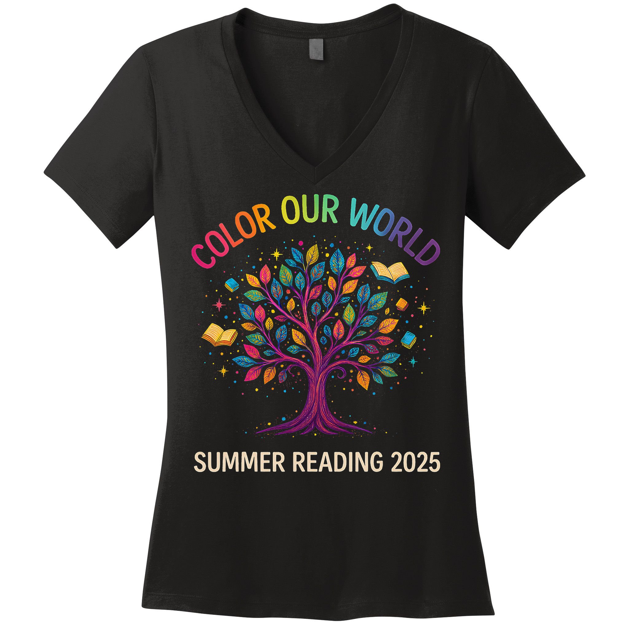 Color Our World Summer Reading Program 2025 Books Tree Gift Women's V-Neck T-Shirt