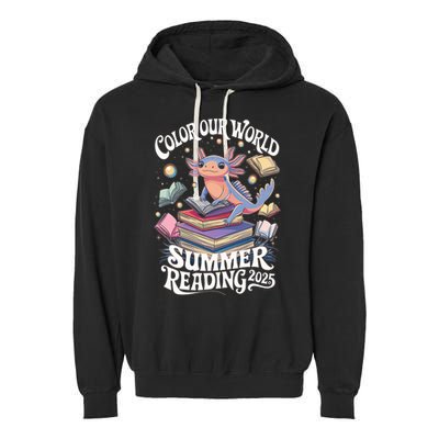 Color Our World Summer Reading 2025 Cute Librarian Axolotl Garment-Dyed Fleece Hoodie