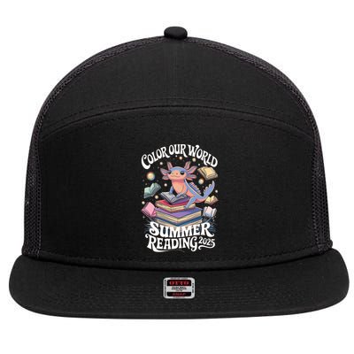 Color Our World Summer Reading 2025 Cute Librarian Axolotl 7 Panel Mesh Trucker Snapback Hat