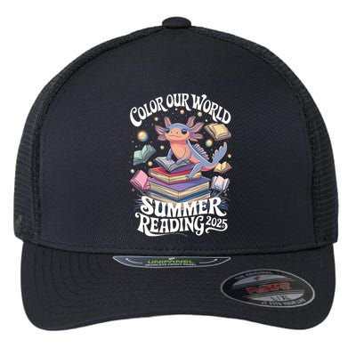 Color Our World Summer Reading 2025 Cute Librarian Axolotl Flexfit Unipanel Trucker Cap