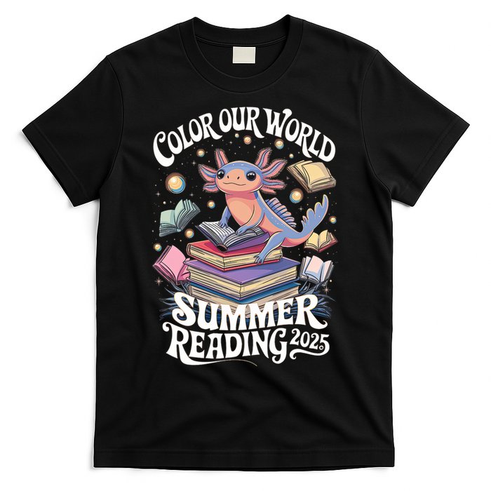 Color Our World Summer Reading 2025 Cute Librarian Axolotl T-Shirt