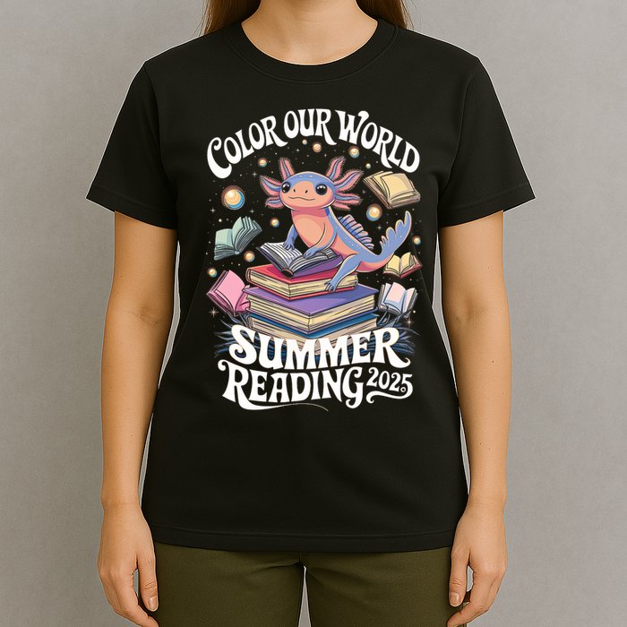 Color Our World Summer Reading 2025 Cute Librarian Axolotl T-Shirt