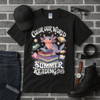 Color Our World Summer Reading 2025 Cute Librarian Axolotl Tall T-Shirt
