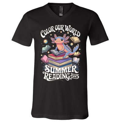 Color Our World Summer Reading 2025 Cute Librarian Axolotl V-Neck T-Shirt