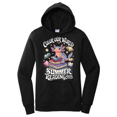 Color Our World Summer Reading 2025 Cute Librarian Axolotl Women's Pullover Hoodie