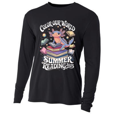 Color Our World Summer Reading 2025 Cute Librarian Axolotl Cooling Performance Long Sleeve Crew
