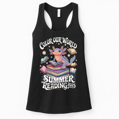 Color Our World Summer Reading 2025 Cute Librarian Axolotl Womens Tank Top