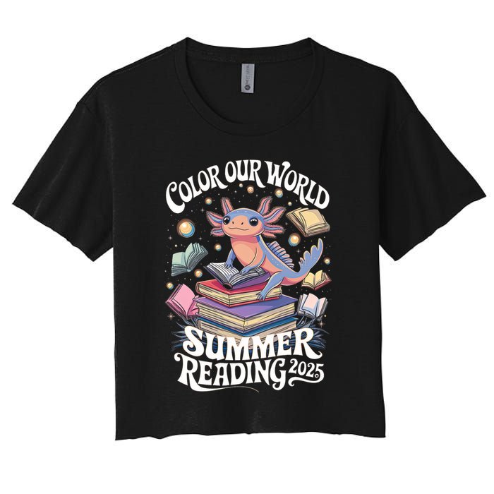 Color Our World Summer Reading 2025 Cute Librarian Axolotl Crop Top