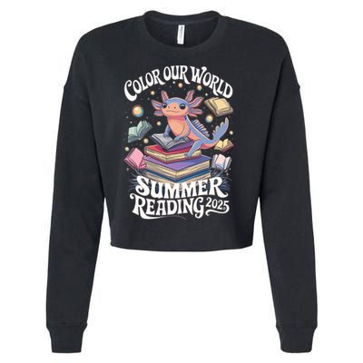 Color Our World Summer Reading 2025 Cute Librarian Axolotl Cropped Pullover Crew