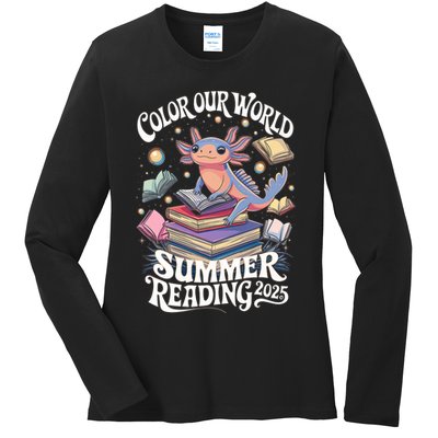 Color Our World Summer Reading 2025 Cute Librarian Axolotl Ladies Long Sleeve Shirt