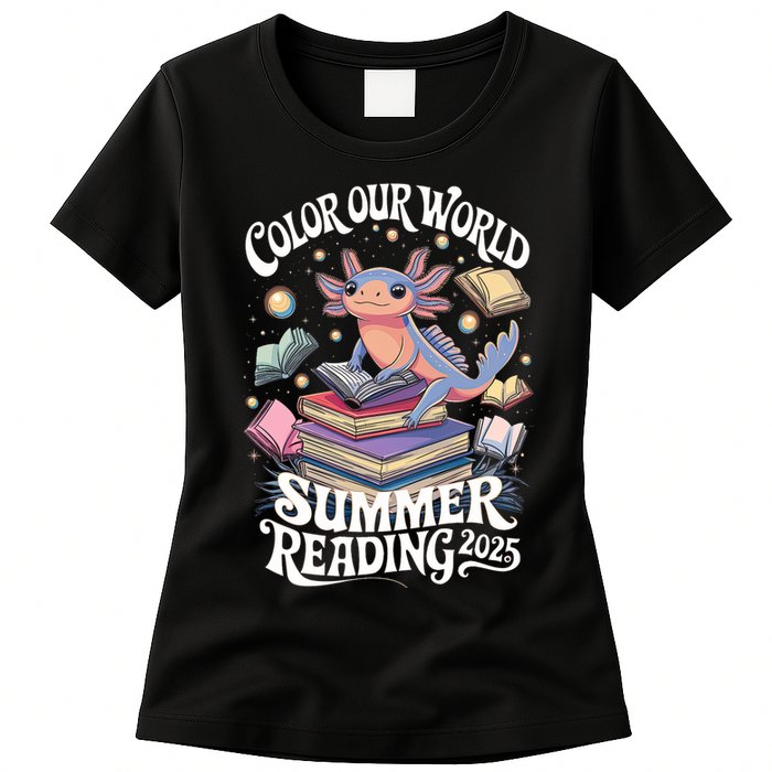 Color Our World Summer Reading 2025 Cute Librarian Axolotl Womens T-Shirt