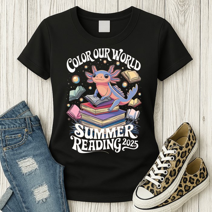 Color Our World Summer Reading 2025 Cute Librarian Axolotl Womens T-Shirt
