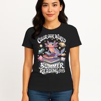 Color Our World Summer Reading 2025 Cute Librarian Axolotl Womens T-Shirt
