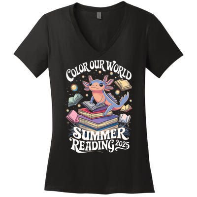Color Our World Summer Reading 2025 Cute Librarian Axolotl Women's V-Neck T-Shirt