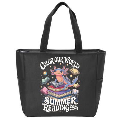 Color Our World Summer Reading 2025 Cute Librarian Axolotl Zip Tote Bag