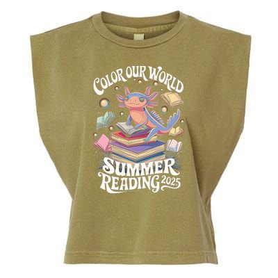 Color Our World Summer Reading 2025 Cute Librarian Axolotl Garment-Dyed Women's Muscle Tee
