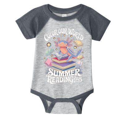 Color Our World Summer Reading 2025 Cute Librarian Axolotl Infant Baby Jersey Bodysuit