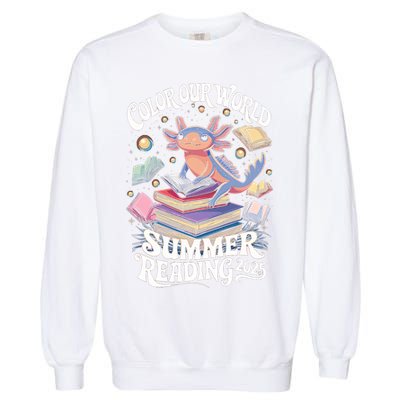 Color Our World Summer Reading 2025 Cute Librarian Axolotl Garment-Dyed Sweatshirt