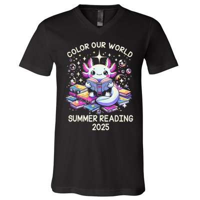 Color Our World Summer Reading Program 2025 Cute Axolotl Gift V-Neck T-Shirt