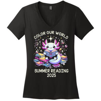 Color Our World Summer Reading Program 2025 Cute Axolotl Gift Women's V-Neck T-Shirt