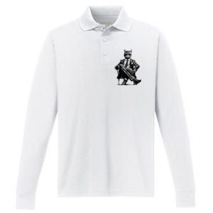 Cat Of Wall Street Funny Cat Performance Long Sleeve Polo