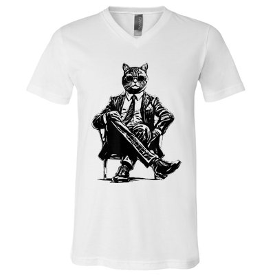 Cat Of Wall Street Funny Cat V-Neck T-Shirt