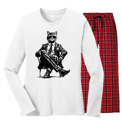 Cat Of Wall Street Funny Cat Women's Long Sleeve Flannel Pajama Set 