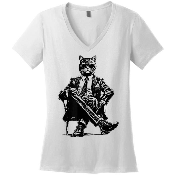 Cat Of Wall Street Funny Cat Women's V-Neck T-Shirt