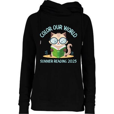 Color Our World Summer 2025 Summer Reading Program Cat Womens Funnel Neck Pullover Hood