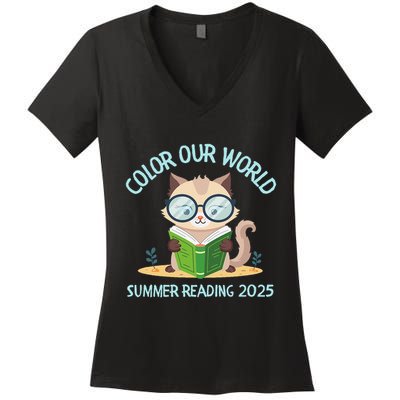 Color Our World Summer 2025 Summer Reading Program Cat Women's V-Neck T-Shirt