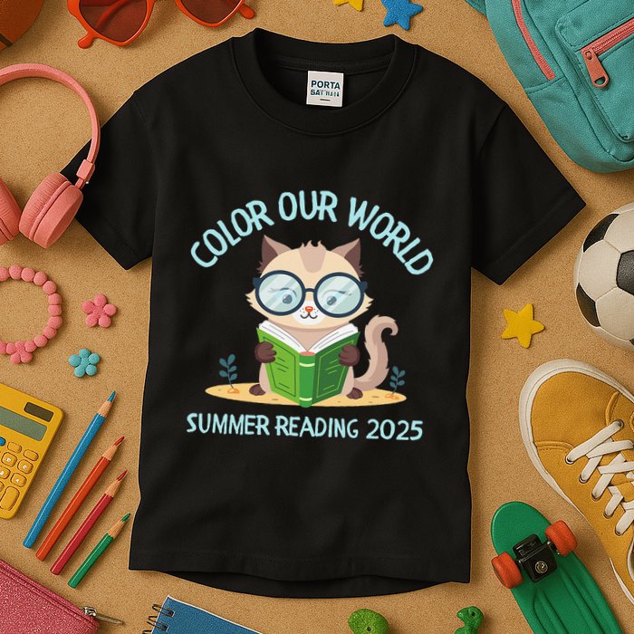 Color Our World Summer 2025 Summer Reading Program Cat Kids T-Shirt