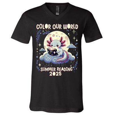 Color Our World Summer Reading Program 2025 Funny Axolotl V-Neck T-Shirt