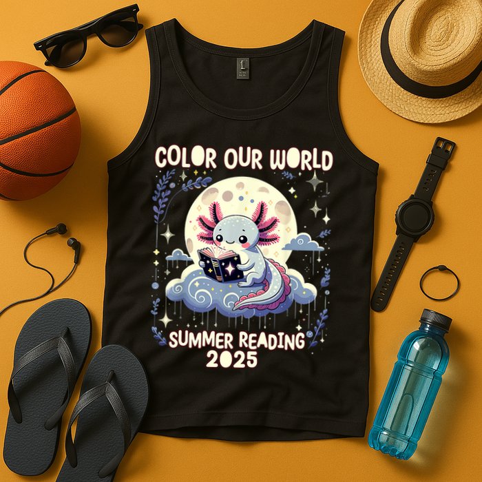 Color Our World Summer Reading Program 2025 Funny Axolotl Tank Top