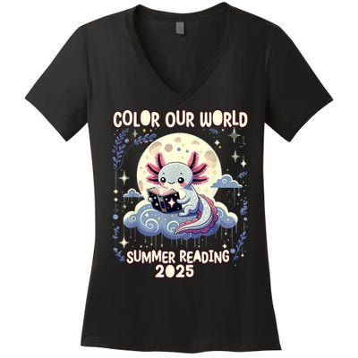 Color Our World Summer Reading Program 2025 Funny Axolotl Women's V-Neck T-Shirt